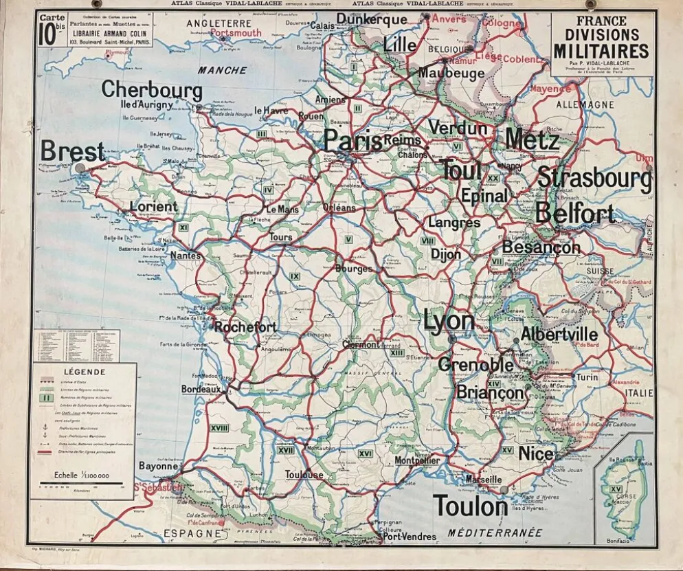 Ancienne carte scolaire Vidal-Lablache 10, T26, 1930 - Divisions militaires
