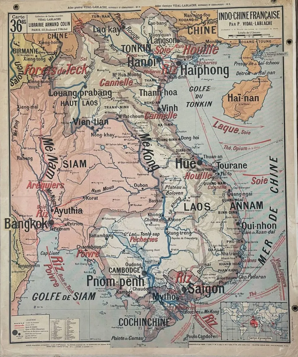 Ancienne carte scolaire Vidal-Lablache 36, 1914, T14 – Indochine française