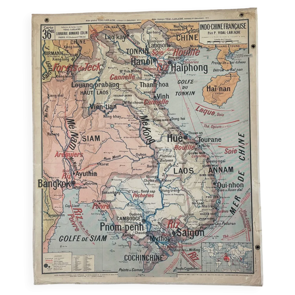 Ancienne carte scolaire Vidal-Lablache 36, 1914, T14 – Indochine française