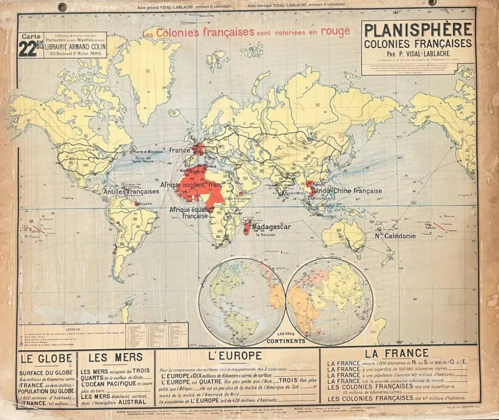 ancienne carte scolaire vidal-lablache 22, 1914 planisphère colonies