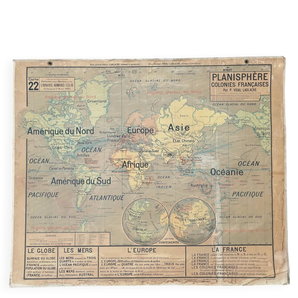 ancienne carte scolaire vidal-lablache 22, 1914 planisphère colonies
