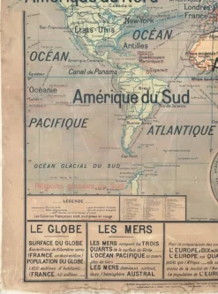 ancienne carte scolaire vidal-lablache 22, 1914 planisphère colonies