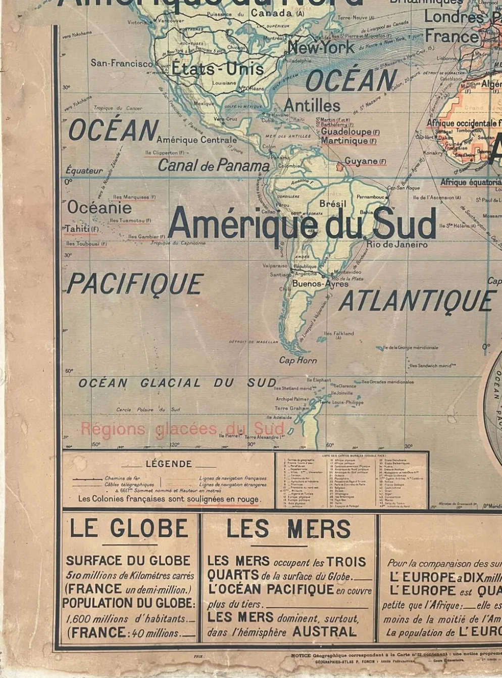 ancienne carte scolaire vidal-lablache 22, 1914 planisphère colonies