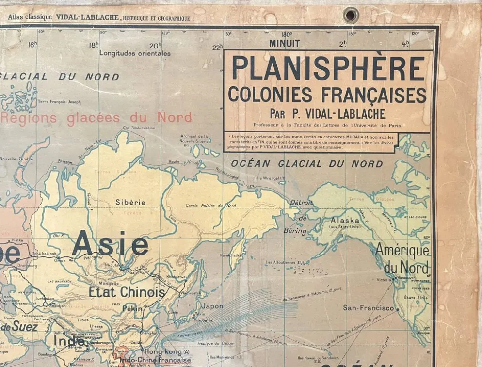 ancienne carte scolaire vidal-lablache 22, 1914 planisphère colonies