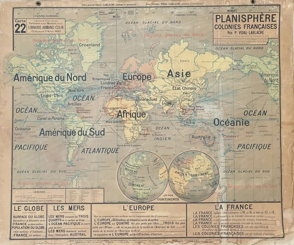 ancienne carte scolaire vidal-lablache 22, 1914 planisphère colonies