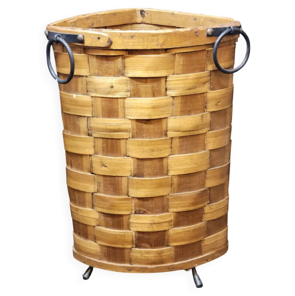 Ancienne corbeille vintage en bois tressé d'angle porte parapluie / panier