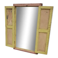 Ancienne fenêtre en tek birman polychrome avec miroir intérieur