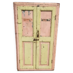 Ancienne fenêtre en tek birman polychrome avec miroir intérieur