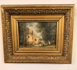 Ancienne huile sur bois – Maison en forêt – Paysage