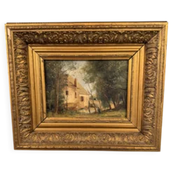 Ancienne huile sur bois – Maison en forêt – Paysage