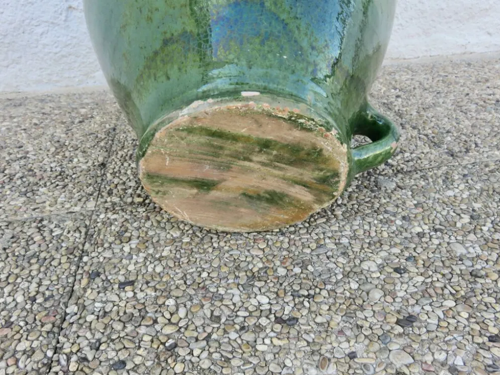 Ancienne jarre à huile en terre cuite vernissée vert, fin XIXème