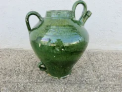 Ancienne jarre à huile en terre cuite vernissée vert, fin XIXème