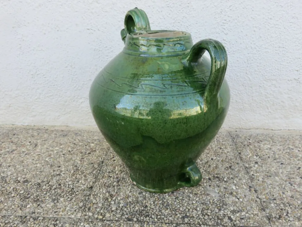 Ancienne jarre à huile en terre cuite vernissée vert, fin XIXème