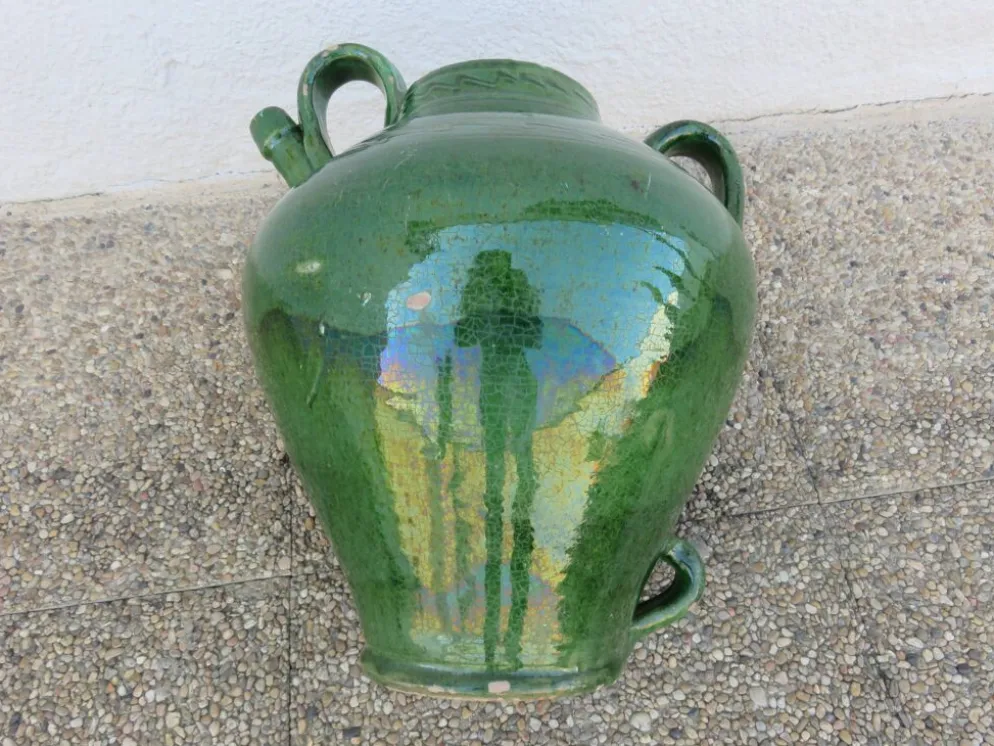 Ancienne jarre à huile en terre cuite vernissée vert, fin XIXème
