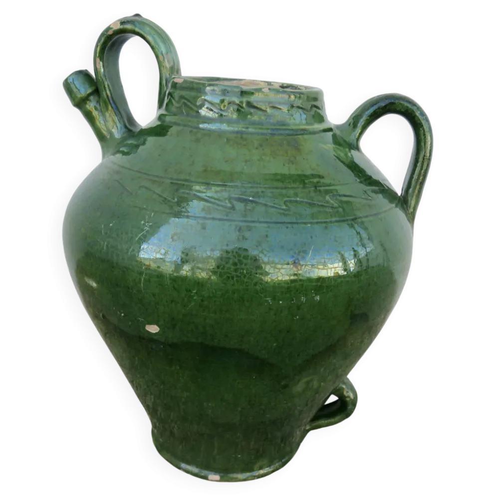 Ancienne jarre à huile en terre cuite vernissée vert, fin XIXème