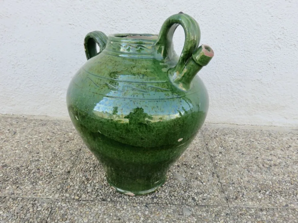 Ancienne jarre à huile en terre cuite vernissée vert, fin XIXème