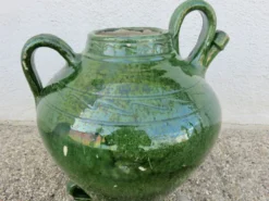 Ancienne jarre à huile en terre cuite vernissée vert, fin XIXème