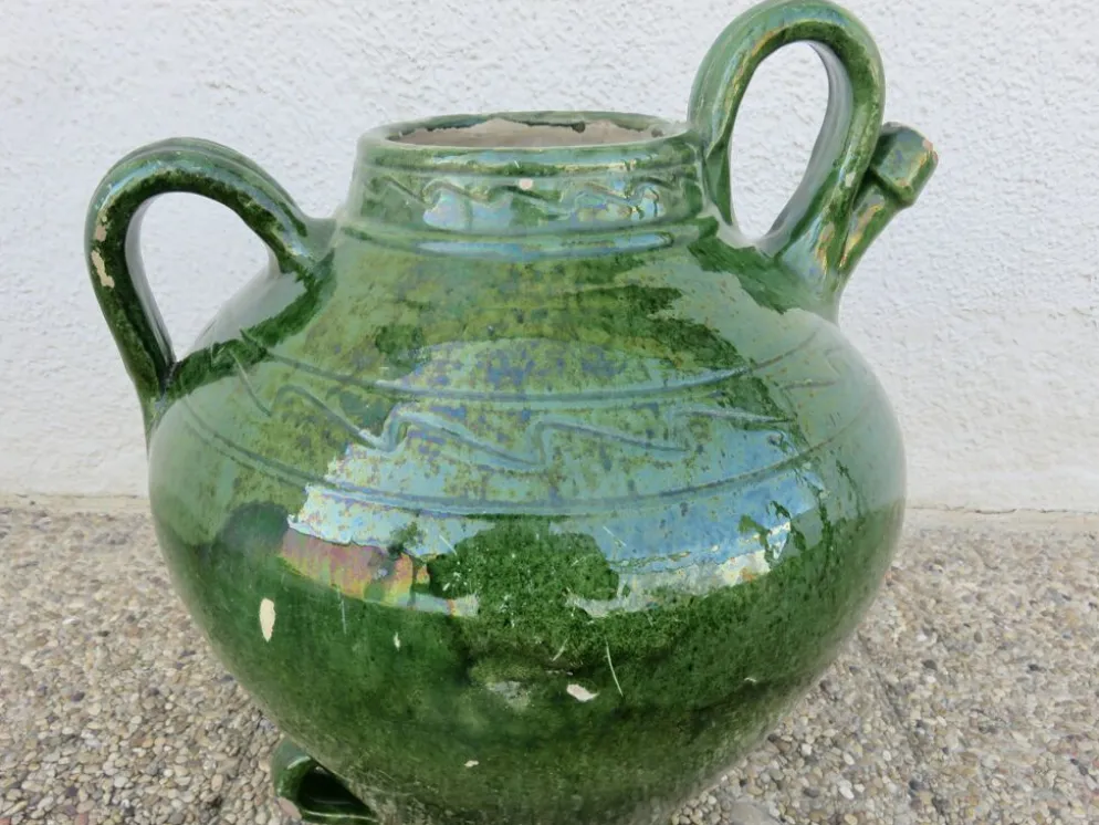 Ancienne jarre à huile en terre cuite vernissée vert, fin XIXème