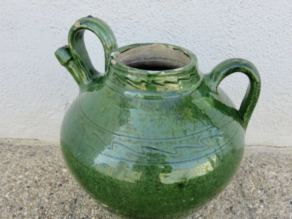 Ancienne jarre à huile en terre cuite vernissée vert, fin XIXème