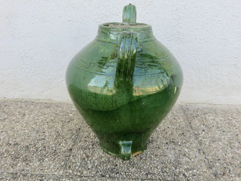Ancienne jarre à huile en terre cuite vernissée vert, fin XIXème