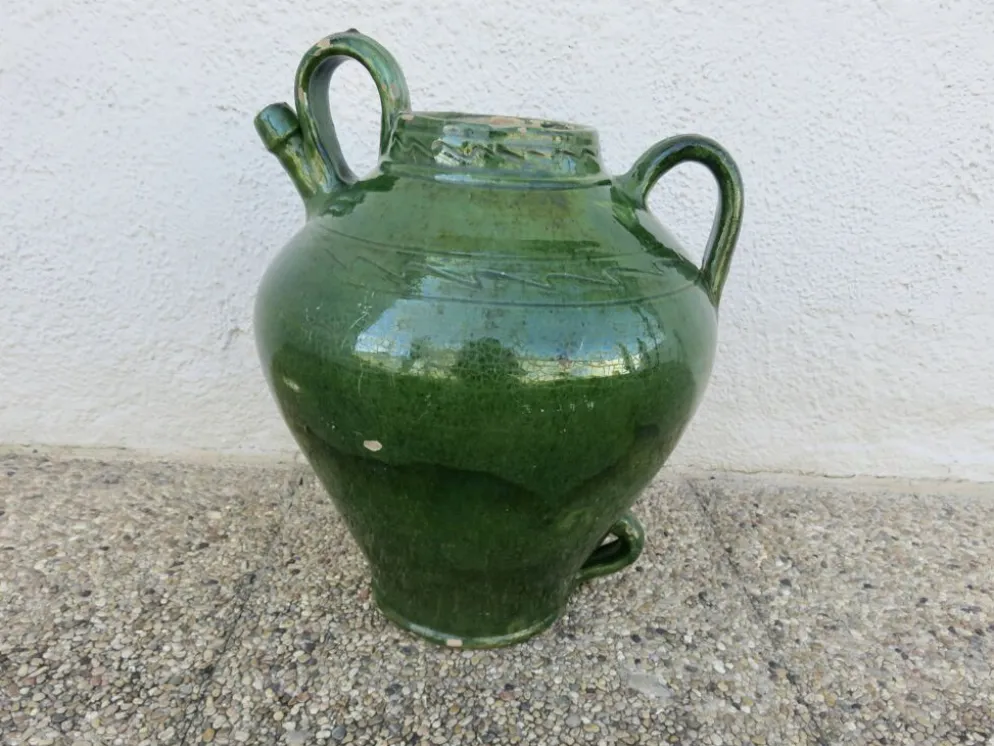 Ancienne jarre à huile en terre cuite vernissée vert, fin XIXème