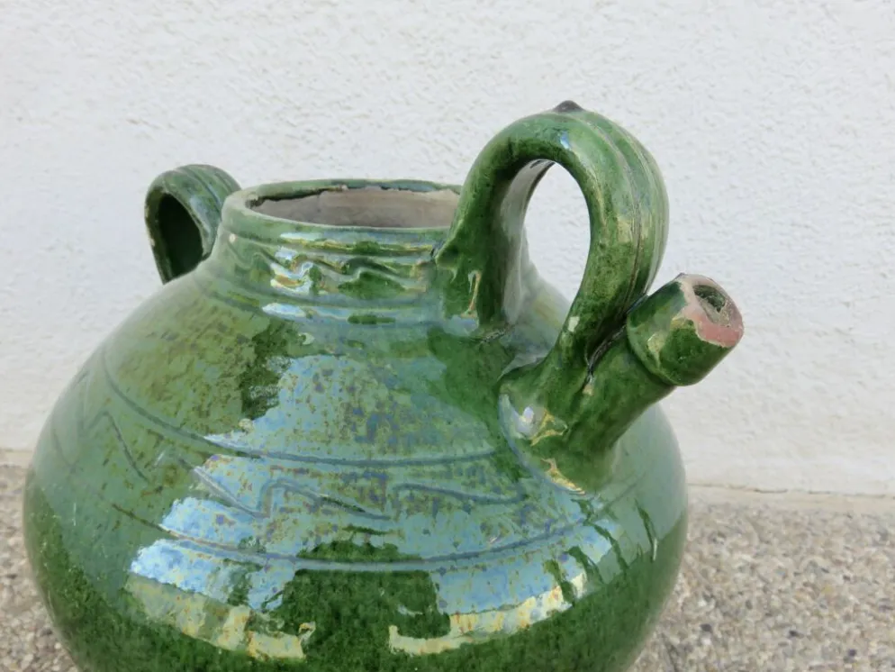 Ancienne jarre à huile en terre cuite vernissée vert, fin XIXème