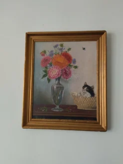 Ancienne peinture sur panneau - Chaton et Fleurs - Signé Léon Chevalier