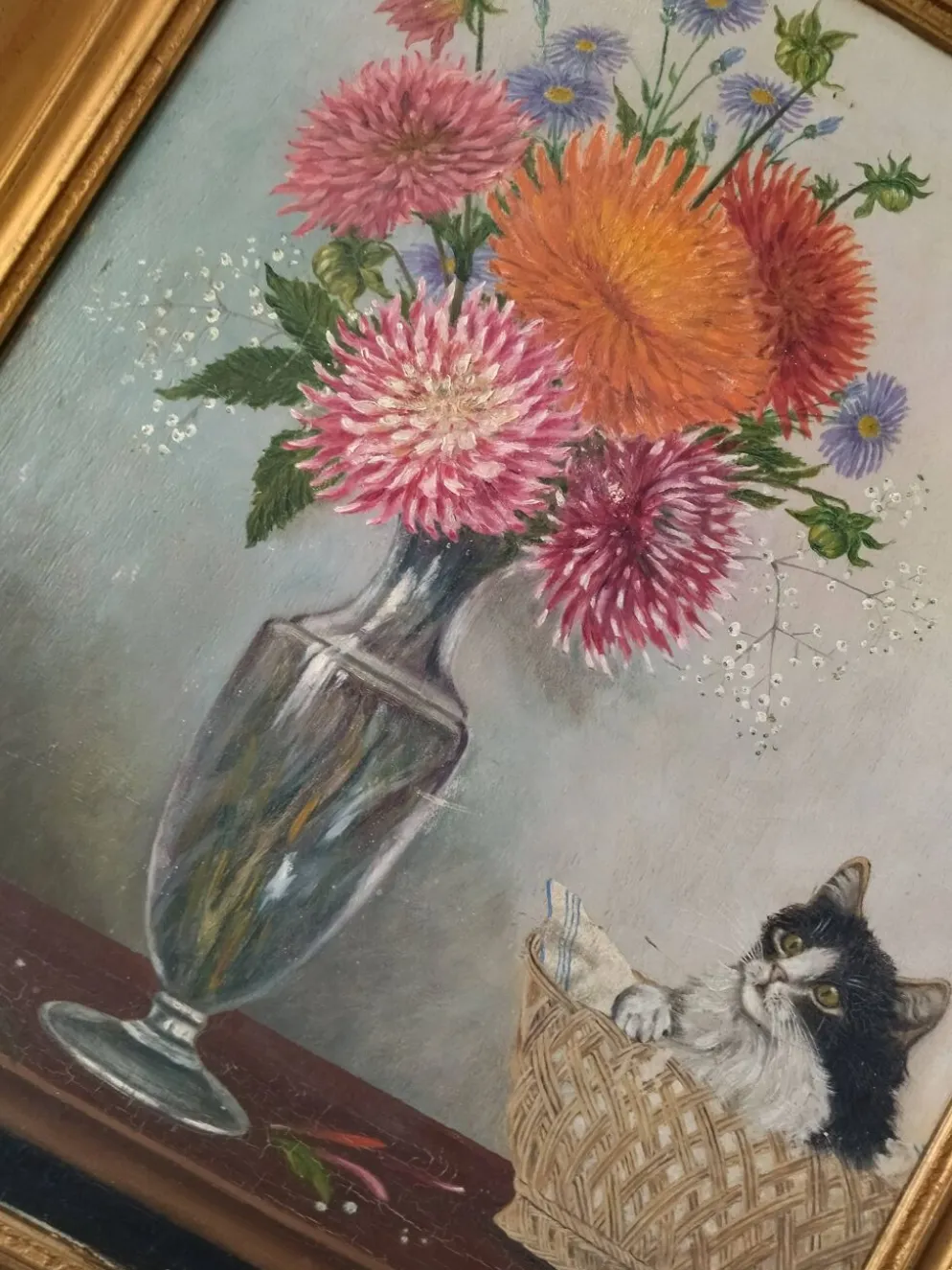 Ancienne peinture sur panneau - Chaton et Fleurs - Signé Léon Chevalier