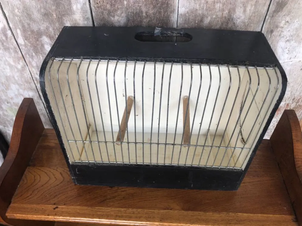 Ancienne petite cage a oiseaux caoa bois + métal + bac plastique vintage