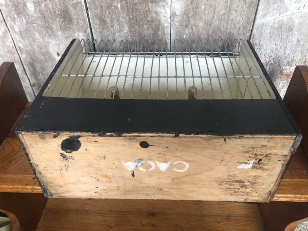 Ancienne petite cage a oiseaux caoa bois + métal + bac plastique vintage