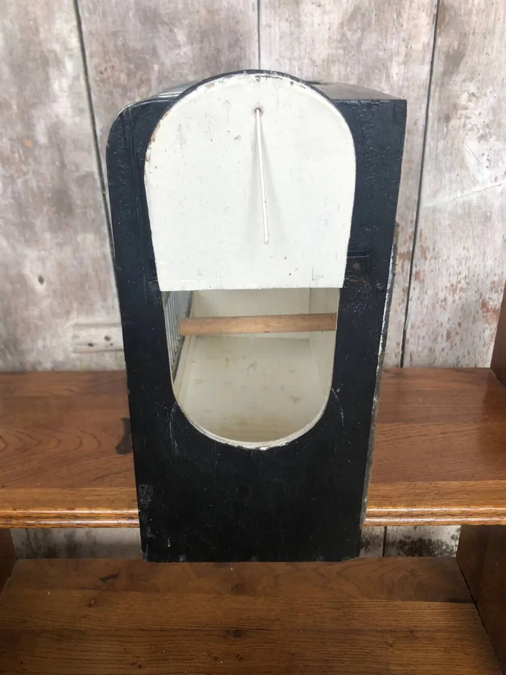 Ancienne petite cage a oiseaux caoa bois + métal + bac plastique vintage