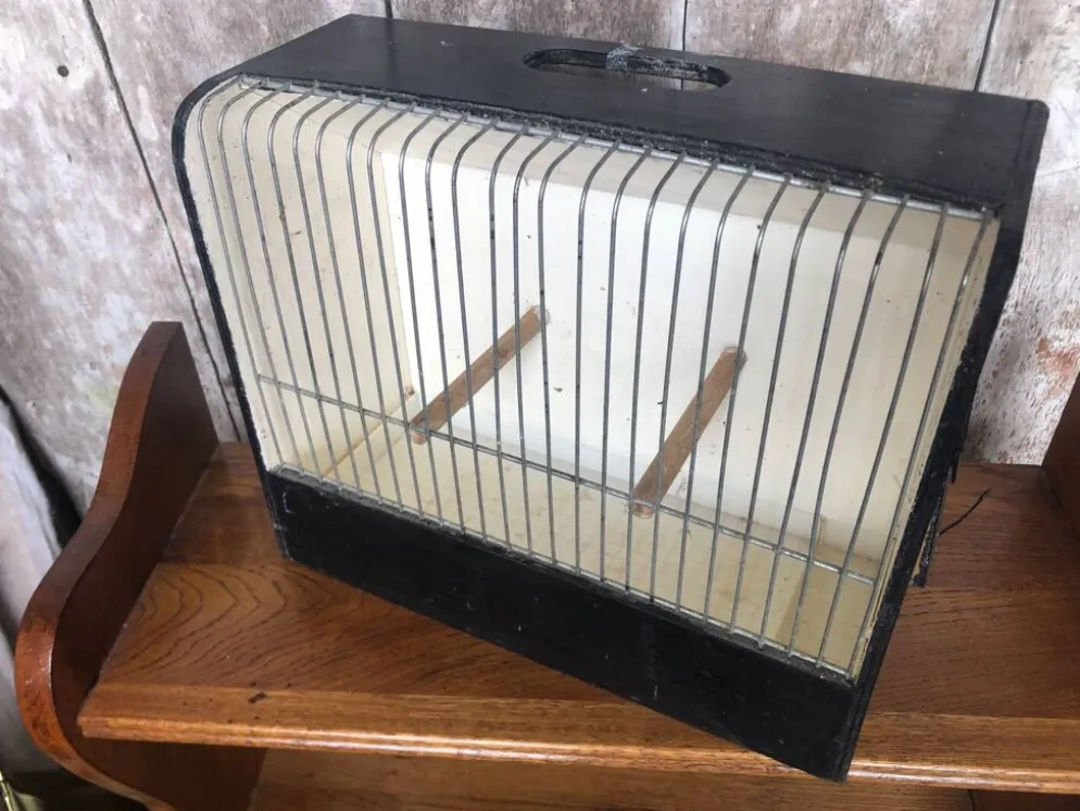 Ancienne petite cage a oiseaux caoa bois + métal + bac plastique vintage