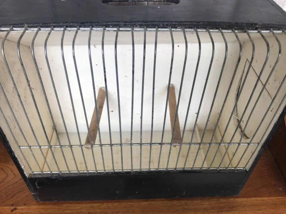 Ancienne petite cage a oiseaux caoa bois + métal + bac plastique vintage
