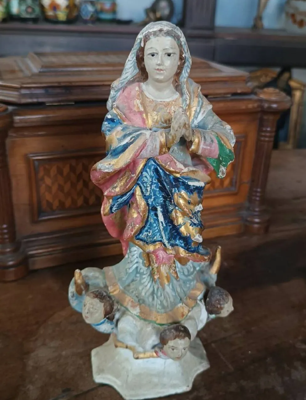 Ancienne petite sculpture en bois, Vierge Immaculée, Amérique du Sud, XIXe siècle
