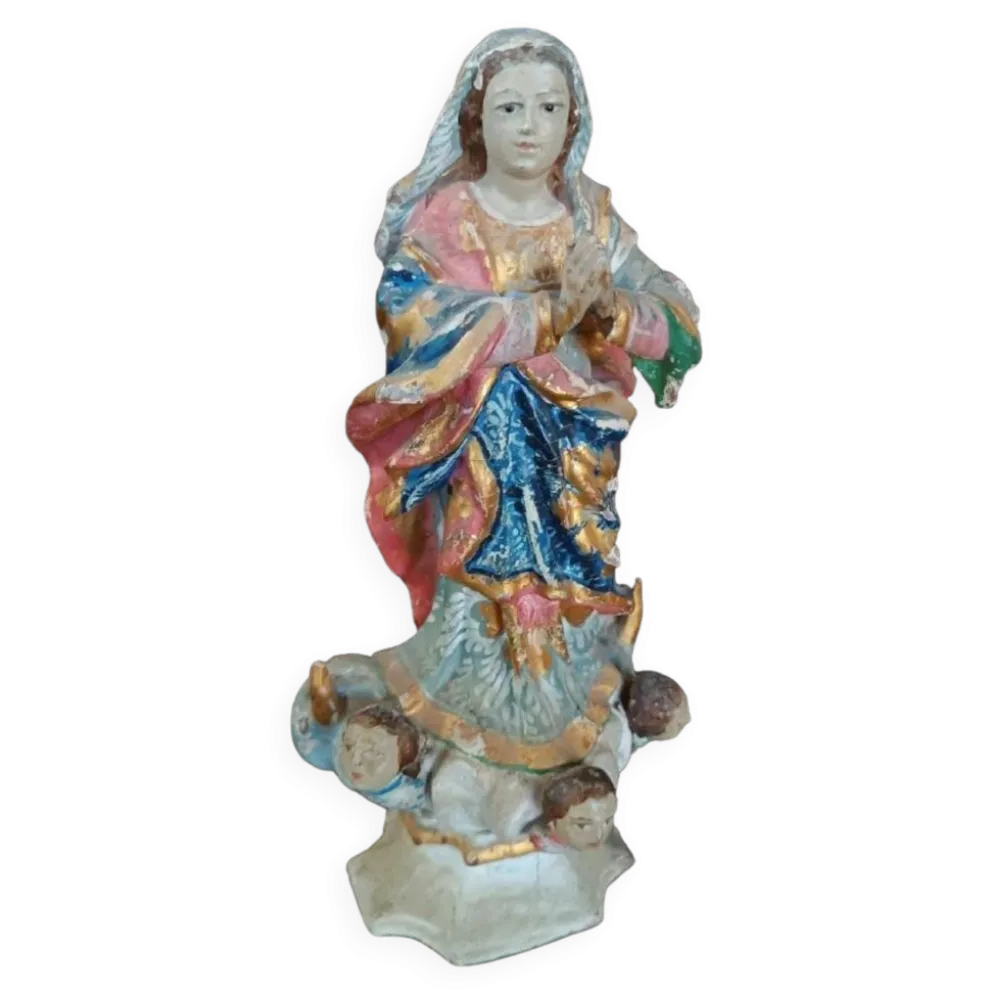 Ancienne petite sculpture en bois, Vierge Immaculée, Amérique du Sud, XIXe siècle