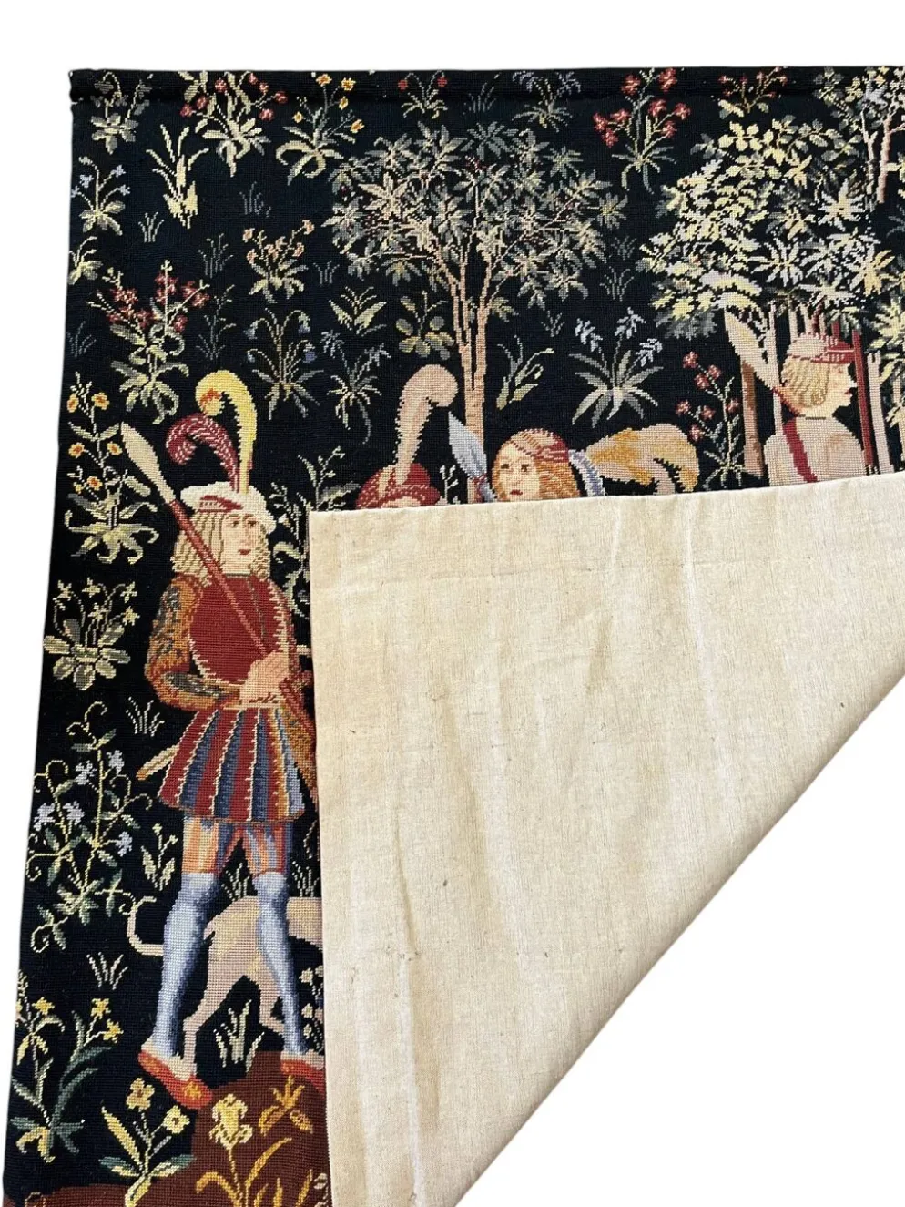 Ancienne tapisserie à la main Chasse médiévale Licorne XXème