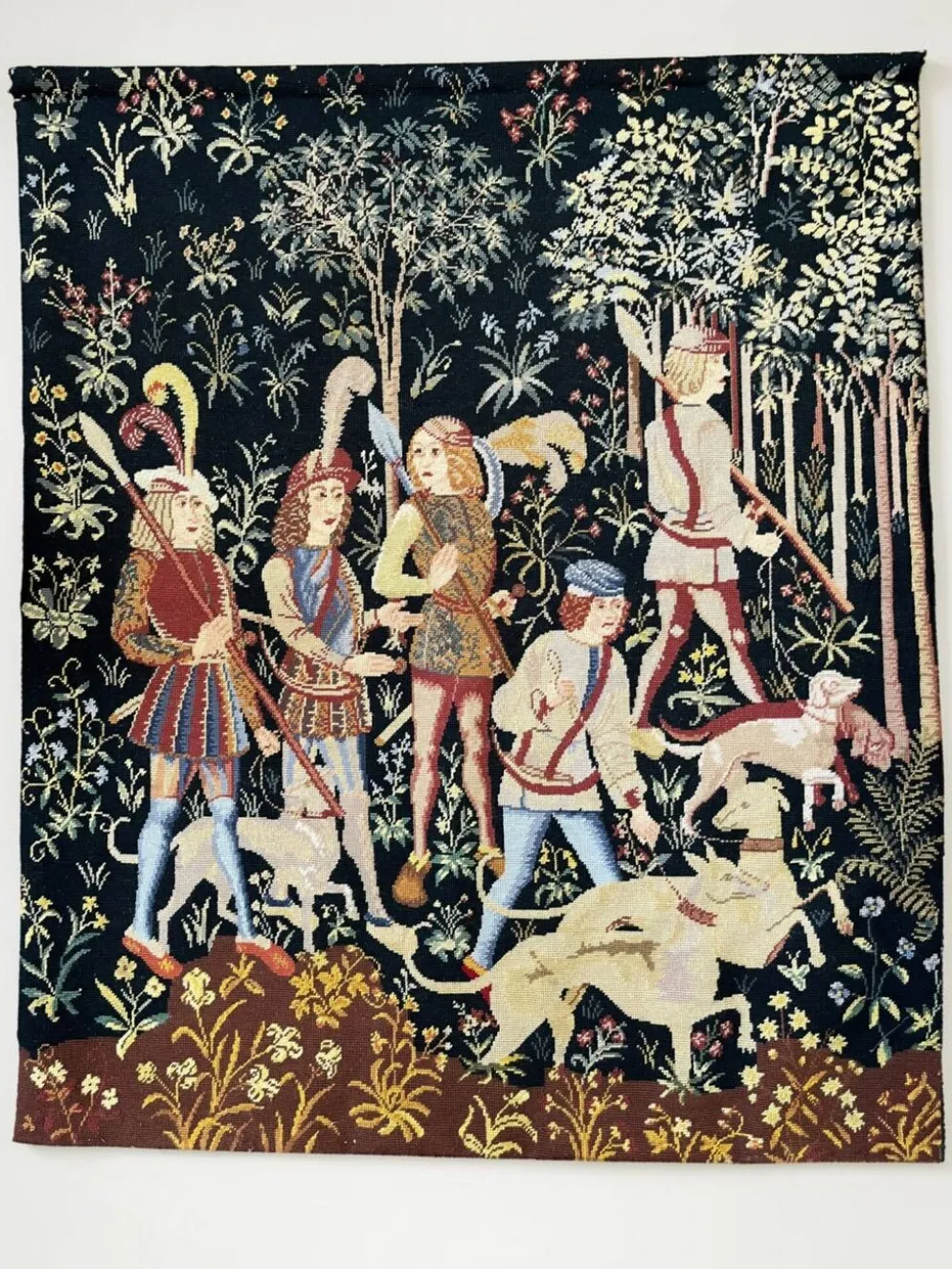 Ancienne tapisserie à la main Chasse médiévale Licorne XXème
