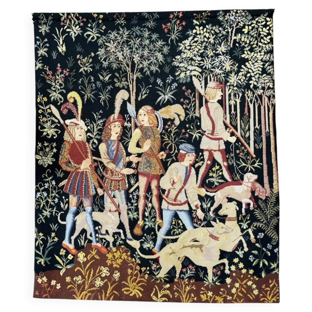 Ancienne tapisserie à la main Chasse médiévale Licorne XXème