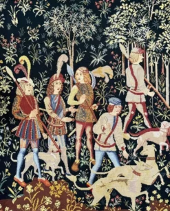 Ancienne tapisserie à la main Chasse médiévale Licorne XXème