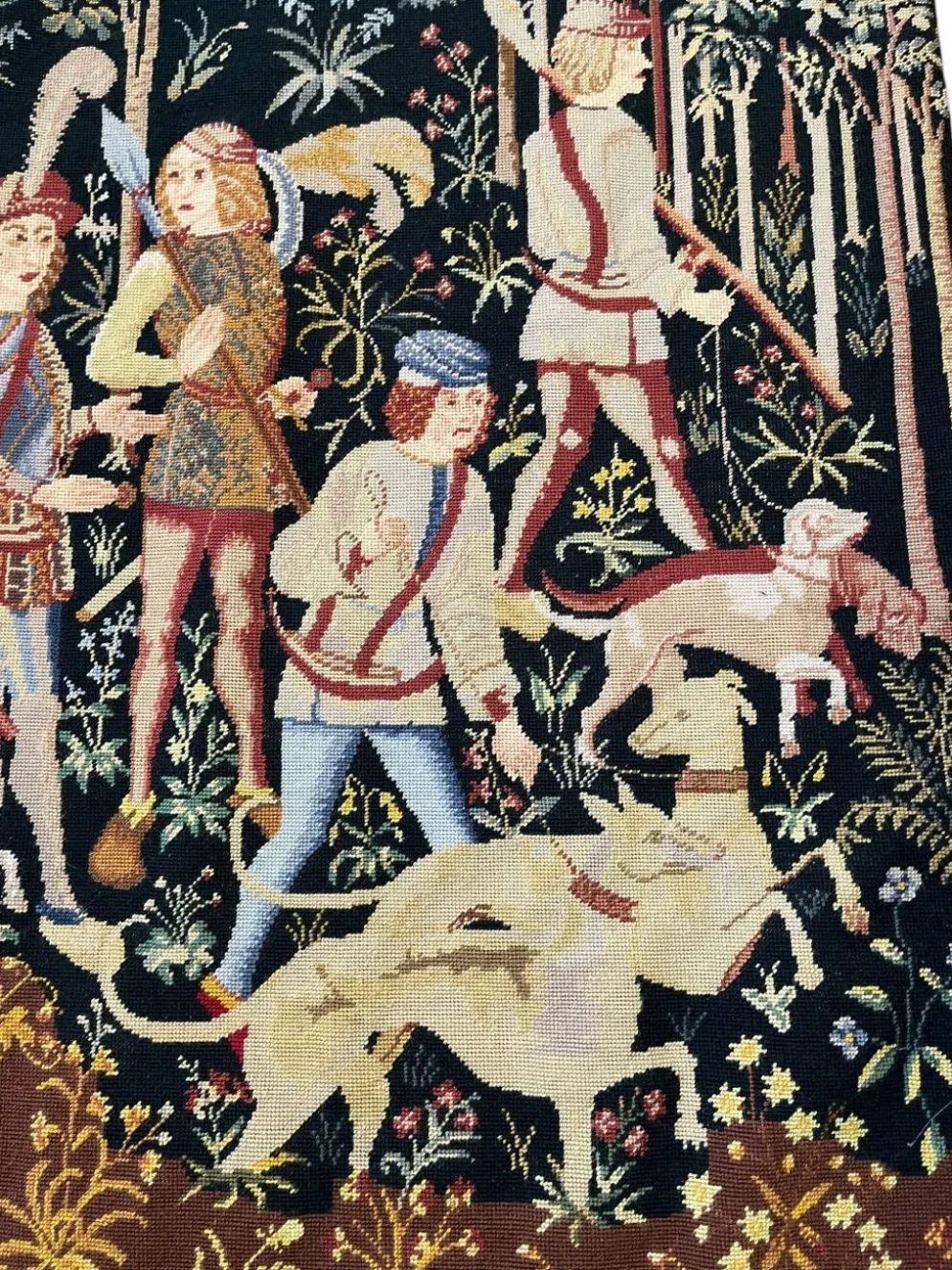 Ancienne tapisserie à la main Chasse médiévale Licorne XXème