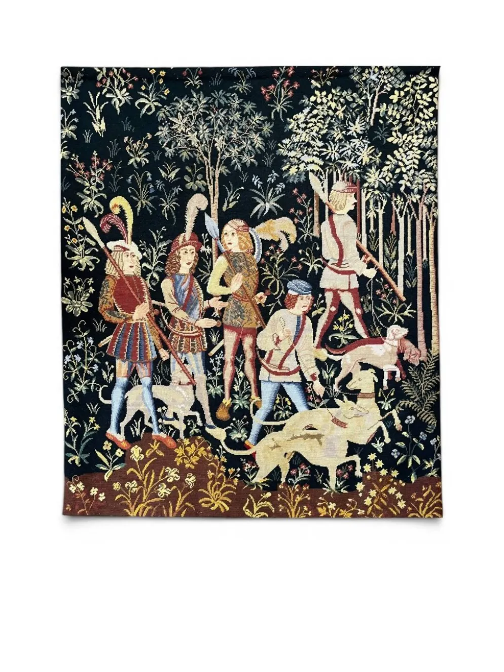 Ancienne tapisserie à la main Chasse médiévale Licorne XXème