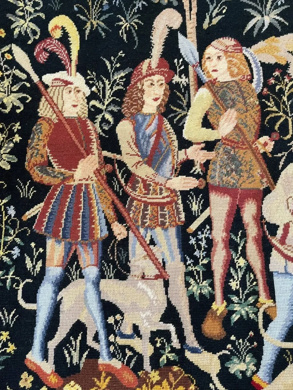 Ancienne tapisserie à la main Chasse médiévale Licorne XXème