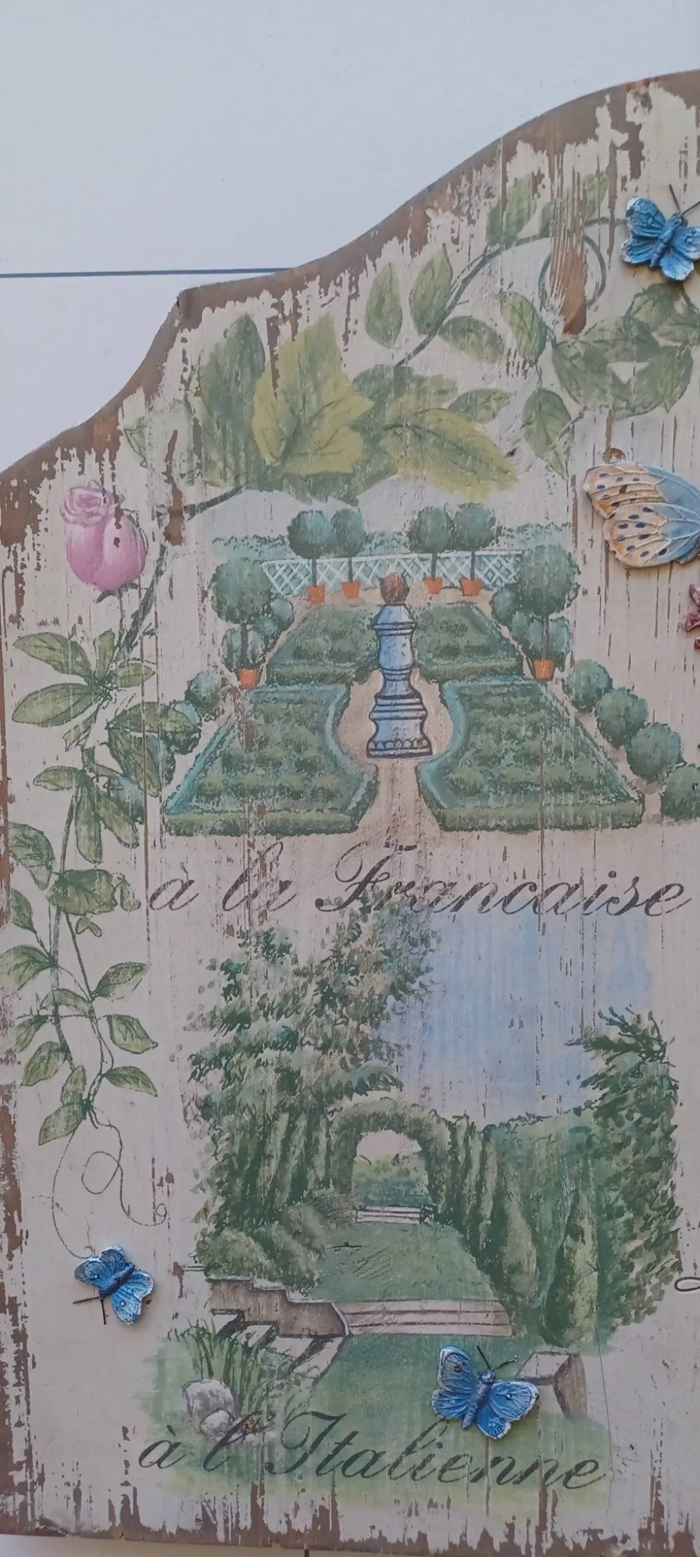 Ancien panneau decoratif en bois sculpte sur l'art des jardins en europe