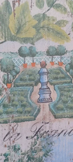 Ancien panneau decoratif en bois sculpte sur l'art des jardins en europe