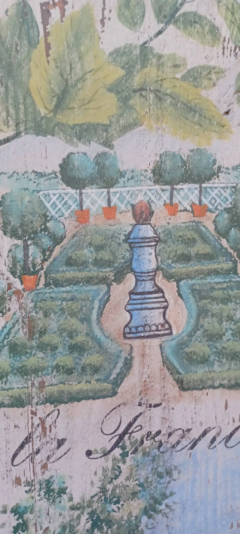 Ancien panneau decoratif en bois sculpte sur l'art des jardins en europe