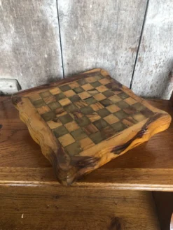 Ancien Plateau Jeu De Dames Échecs Solitaire Domino En Bois Olivier Brut