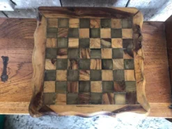 Ancien Plateau Jeu De Dames Échecs Solitaire Domino En Bois Olivier Brut