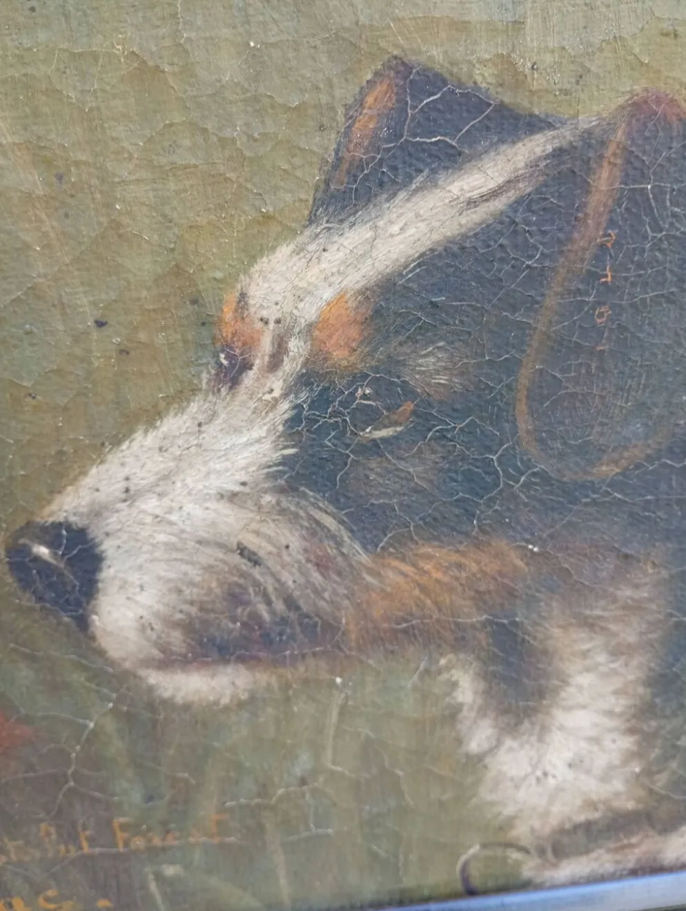 Ancien portrait de chien Fox Terrier à l'huile sur toile signé, vers 1890-1910