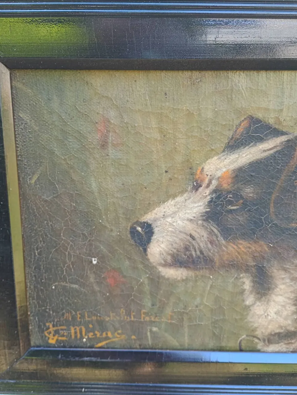 Ancien portrait de chien Fox Terrier à l'huile sur toile signé, vers 1890-1910