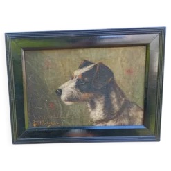 Ancien portrait de chien Fox Terrier à l'huile sur toile signé, vers 1890-1910